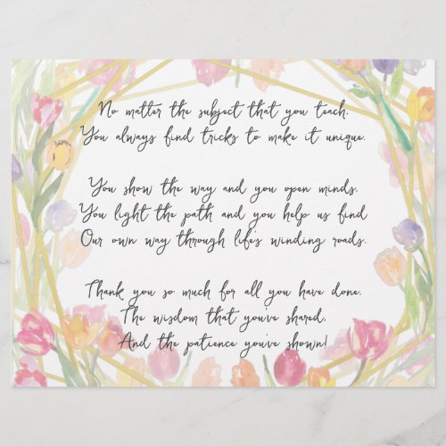  Elegant Cute Floral Appreciation Poem for Teacher Letterhead