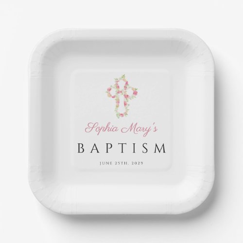 Elegant Cute Floral Cross Baptism Paper Plates