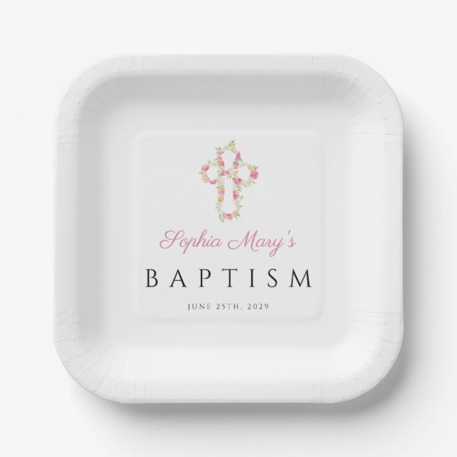 Elegant Cute Floral Cross Baptism Paper Plates (Front)