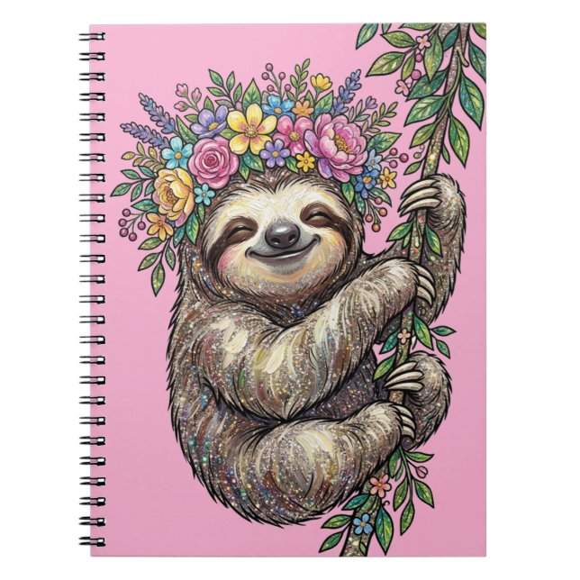 Elegant Cute Floral Sloth with Flower Crown Pink   Notebook (Front)