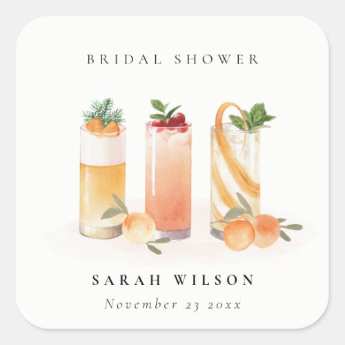Elegant Cute Fruit Cocktail Orange Bridal Shower Square Sticker