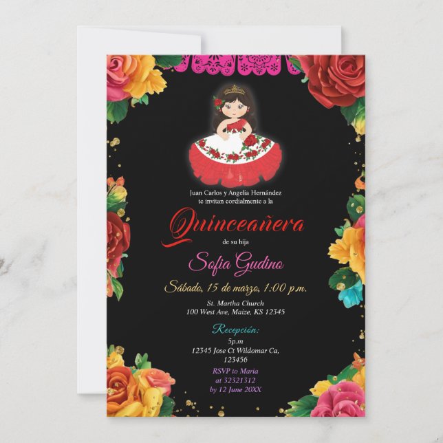 Elegant Cute Girl Colorful Flowers Quinceañera Invitation (Front)