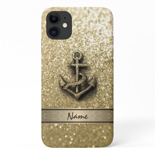 Elegant cute girly faux glitter anchor monogram iPhone 11 case