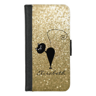 Elegant cute girly trendy glittery cat monogram iPhone 8/7 wallet case
