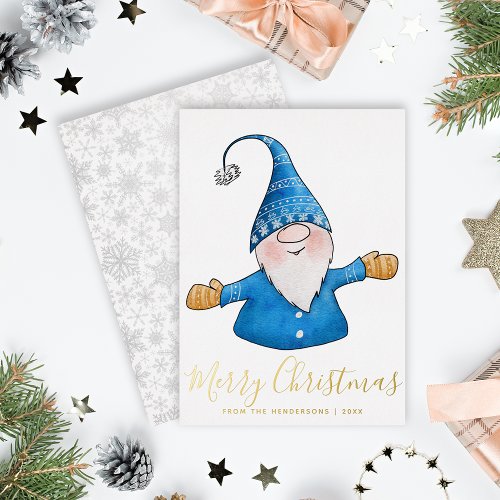 Elegant Cute Gnome Blue Gold Merry Christmas Foil Holiday Card
