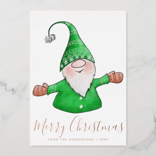 Elegant Cute Gnome Green Rose Gold Merry Christmas Foil Holiday Card