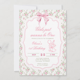 Elegant Cute Goose Pink Girl First Birthday Invitation