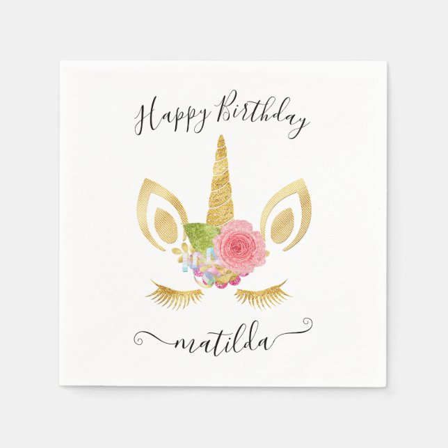 Elegant cute Happy Birthday gold glitter unicorn Napkins (Front)