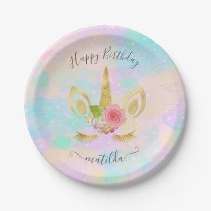 Elegant cute Happy Birthday gold glitter unicorn Paper Plates