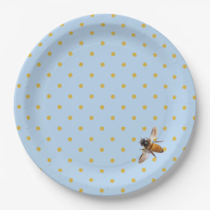Elegant cute honeybee and blue gold polka-dots paper plates