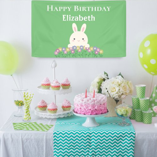 Elegant Cute Kawaii Bunny  Flowers Happy Birthday Banner