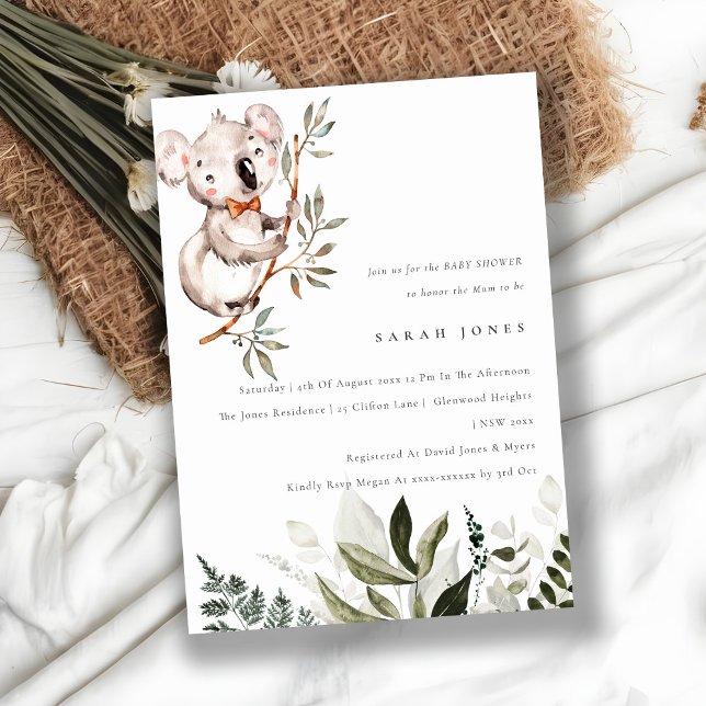 Elegant Cute Koala Foliage Baby Shower Invite (Creator Uploaded)