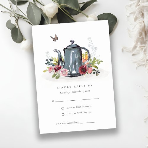 Elegant Cute Leafy Rose Floral Teapot Wedding RSVP Card