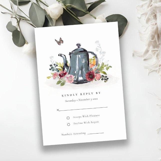 Elegant Cute Leafy Rose Floral Teapot Wedding RSVP Card (Creator Uploaded)