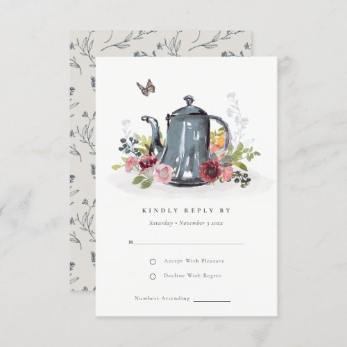 Elegant Cute Leafy Rose Floral Teapot Wedding RSVP Card