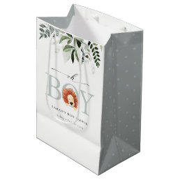 Elegant Cute Lion Foliage Oh Boy Baby Shower  Medium Gift Bag