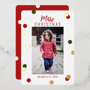 Elegant Cute Merry Christmas Custom Photo Foil Holiday Card