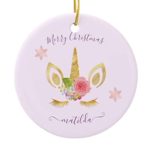 Elegant cute Merry Christmas gold glitter unicorn Ceramic Ornament