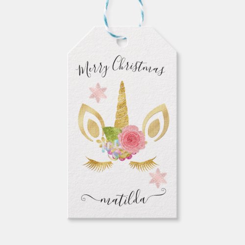 Elegant cute Merry Christmas gold glitter unicorn Gift Tags