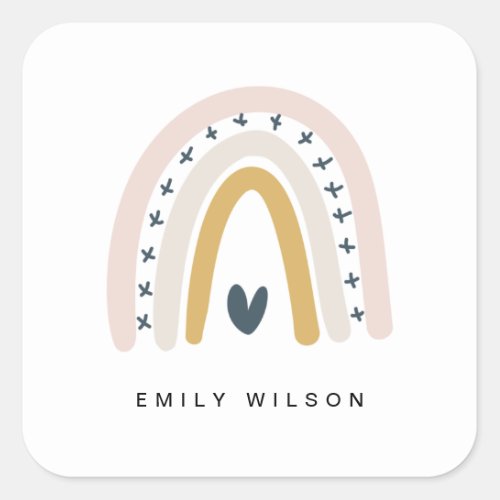 ELEGANT CUTE MUTED BLUSH OCHRE NAVY HEART RAINBOW SQUARE STICKER