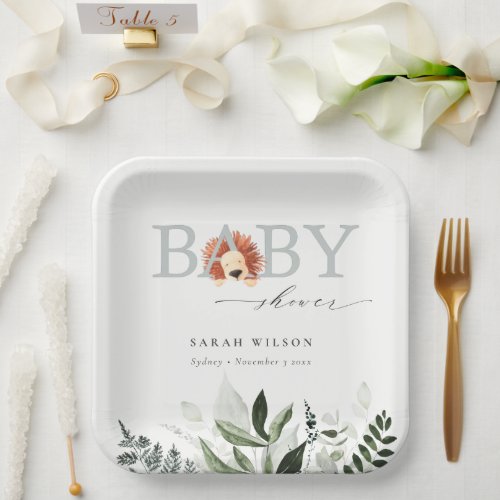 Elegant Cute Pastel Boho Lion Foliage Baby Shower Paper Plates