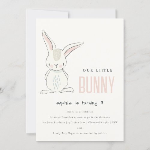 Elegant Cute Pink Blush Photo Bunny Kids Birthday Invitation