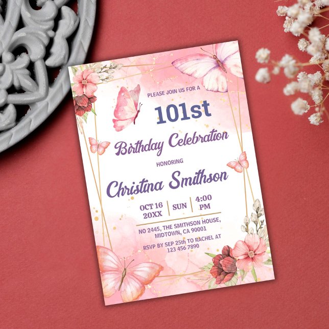 Elegant cute pink floral butterfly 101st birthday invitation (Creator Uploaded)