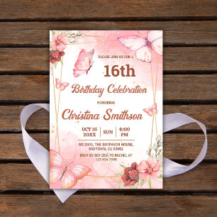 Elegant cute pink floral butterfly 16th birthday invitation