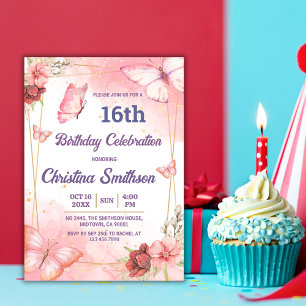 Elegant cute pink floral butterfly 16th birthday invitation