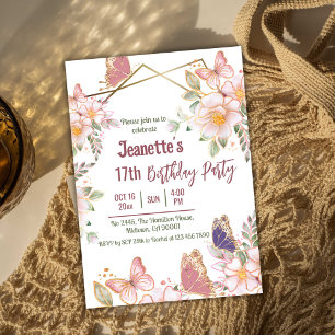 Elegant cute pink floral butterfly 17th birthday invitation
