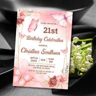 Elegant cute pink floral butterfly 21st birthday invitation