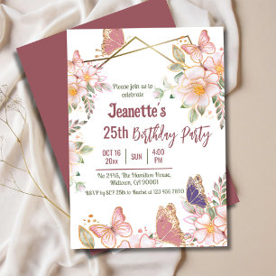 Elegant cute pink floral butterfly 25th birthday invitation