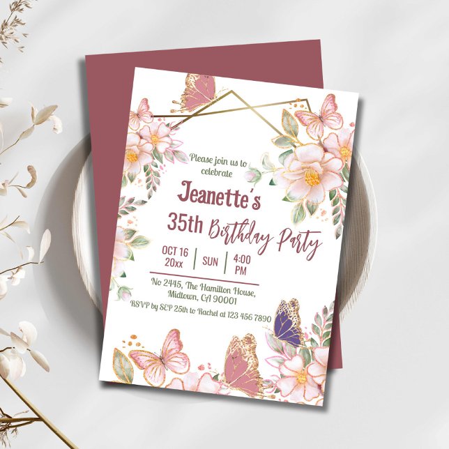 Elegant cute pink floral butterfly 35th birthday invitation (Creator Uploaded)