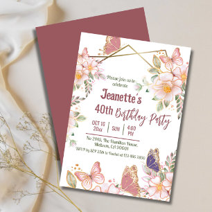 Elegant cute pink floral butterfly 40th birthday invitation