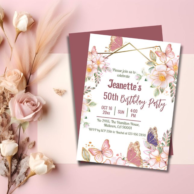 Elegant cute pink floral butterfly 50th birthday  invitation (Front/Back )