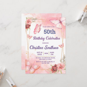 Elegant cute pink floral butterfly 50th birthday invitation