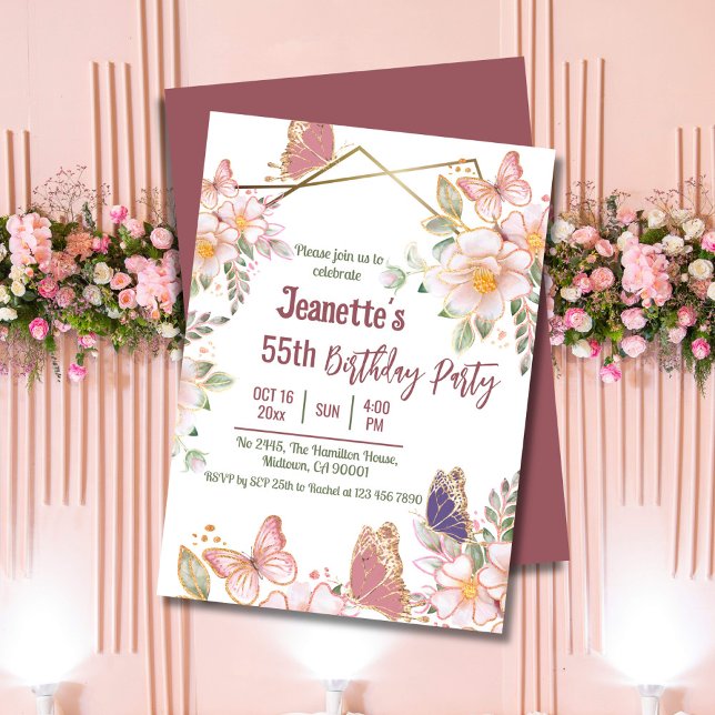 Elegant cute pink floral butterfly 55th birthday  invitation (Front/Back )