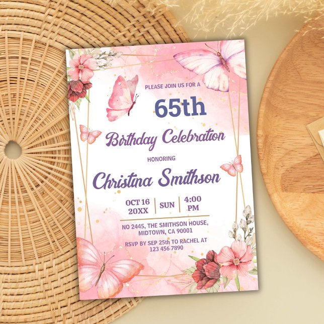 Elegant cute pink floral butterfly 65th birthday invitation (Creator Uploaded)