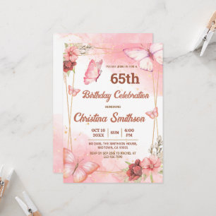 Elegant cute pink floral butterfly 65th birthday invitation