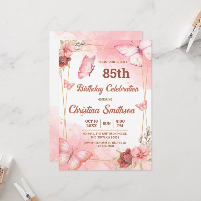 Elegant cute pink floral butterfly 85th birthday invitation (Front/Back In Situ)