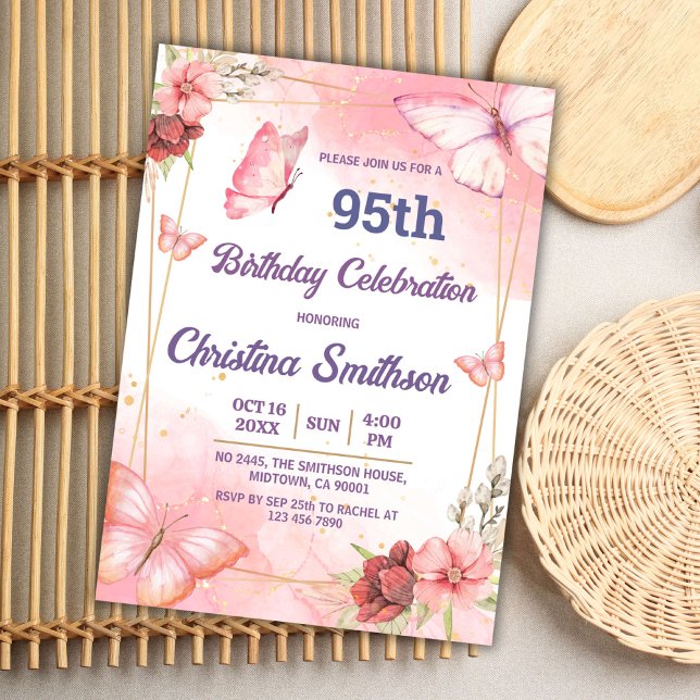 Elegant cute pink floral butterfly 95th birthday invitation (Creator Uploaded)