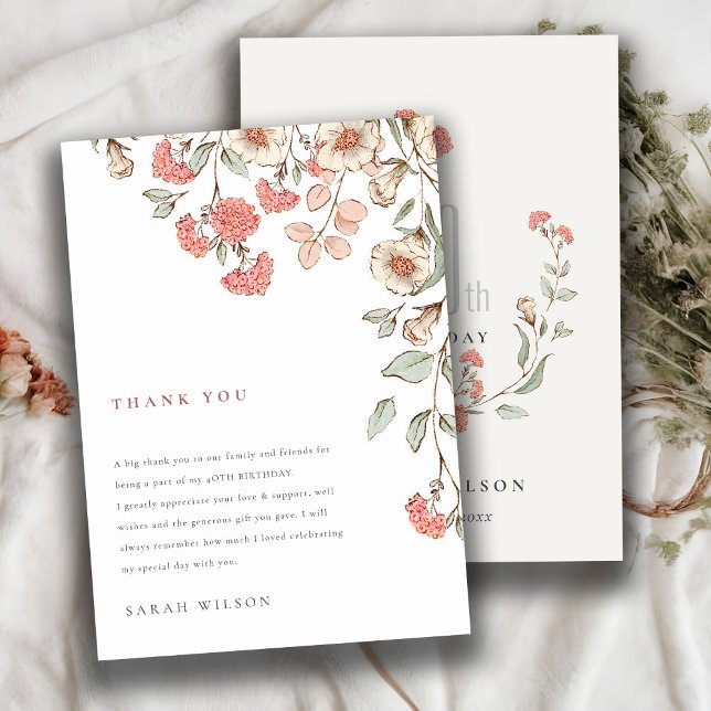 Elegant Cute Pink Flowers Wreath Any Age Birthday Thank You Card (Creator Uploaded)