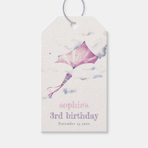 Elegant Cute Pink Flying Kite Sky Clouds Birthday Gift Tags