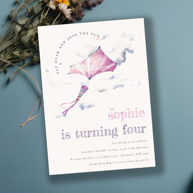 Elegant Cute Pink Flying Kite Sky Clouds Birthday Invitation (Creator Uploaded)