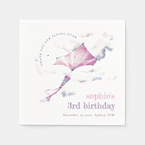 Elegant Cute Pink Flying Kite Sky Clouds Birthday Napkins