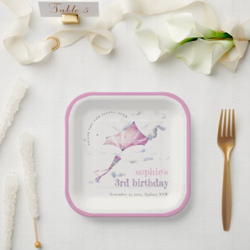 Elegant Cute Pink Flying Kite Sky Clouds Birthday Paper Plates