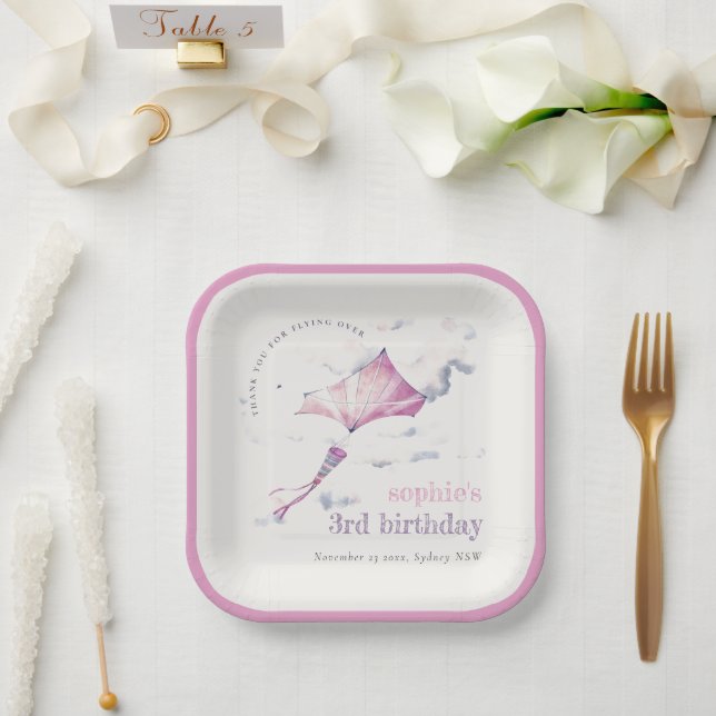 Elegant Cute Pink Flying Kite Sky Clouds Birthday Paper Plates (Wedding)
