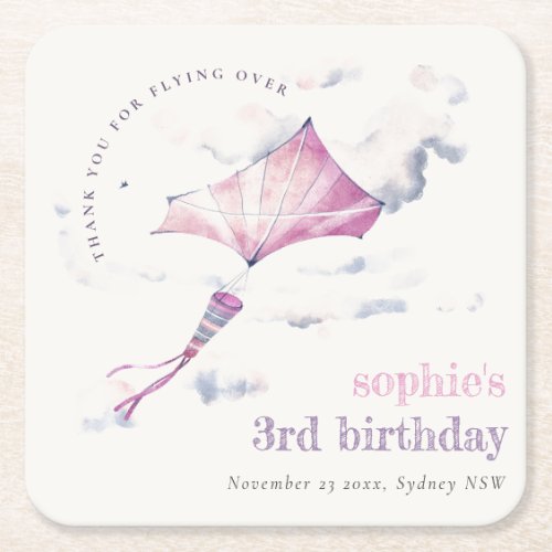 Elegant Cute Pink Flying Kite Sky Clouds Birthday Square Paper Coaster