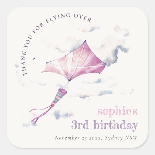 Elegant Cute Pink Flying Kite Sky Clouds Birthday Square Sticker