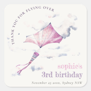 Elegant Cute Pink Flying Kite Sky Clouds Birthday Square Sticker